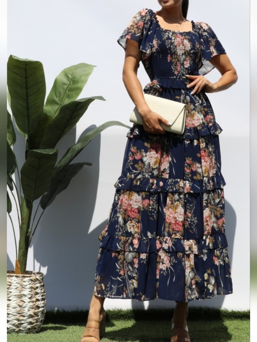 Navy Floral Tiered Maxi Dress with Smocked Bodice NWT